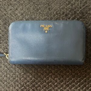 Prada Blue Saffiano Zip-Around Leather Wallet with Gold Logo